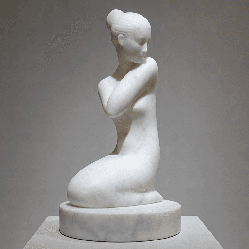 Minimalist white marble figure sculpture, clean gallery lighting, artistic presentation, museum display environment, pro