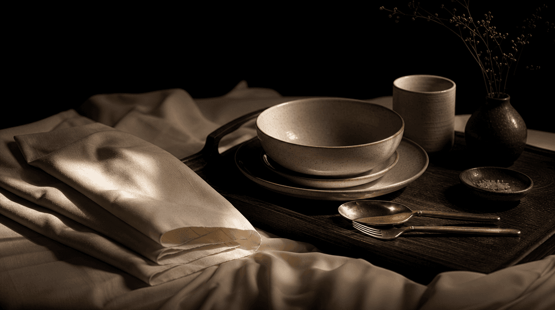 An atmospheric still life of folded ivory sheets, a dark wood serving tray, polished cutlery, ceramic tableware, and con