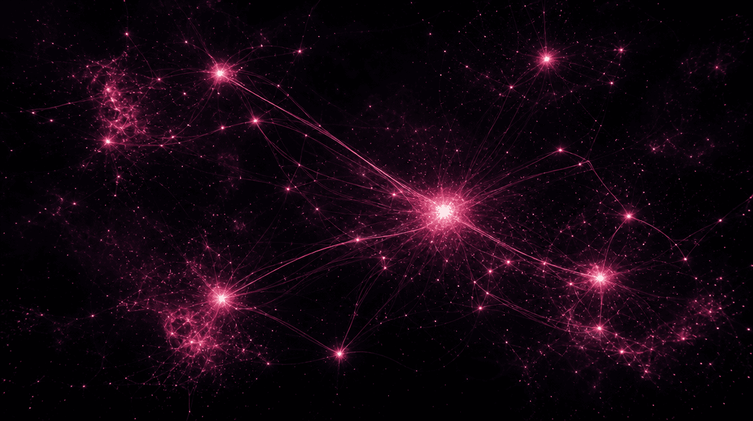 Abstract deep-space visualization: luminous nodes representing AI models connected by fine hot-pink #FE28A7 filaments ag