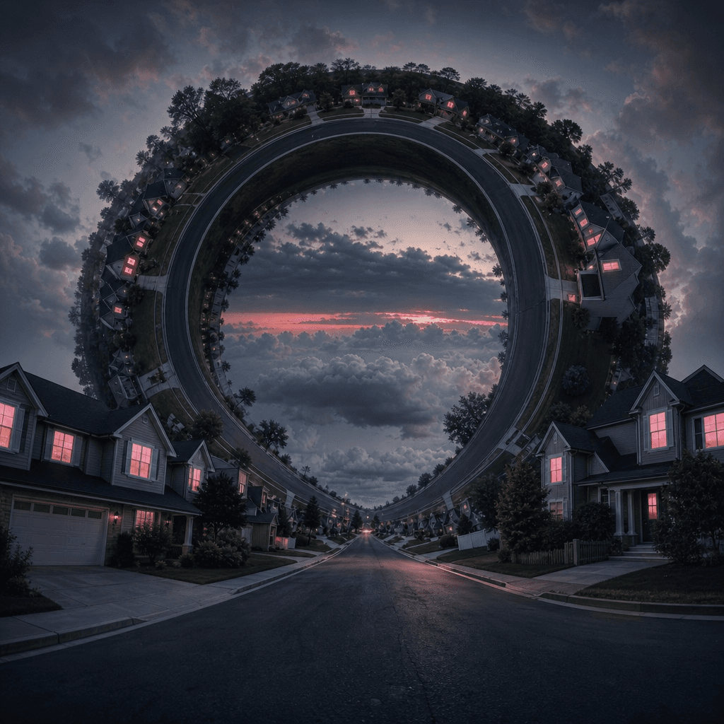 A quiet suburban street transformed into a looping panoramic world where houses climb the curved horizon and clouds appe