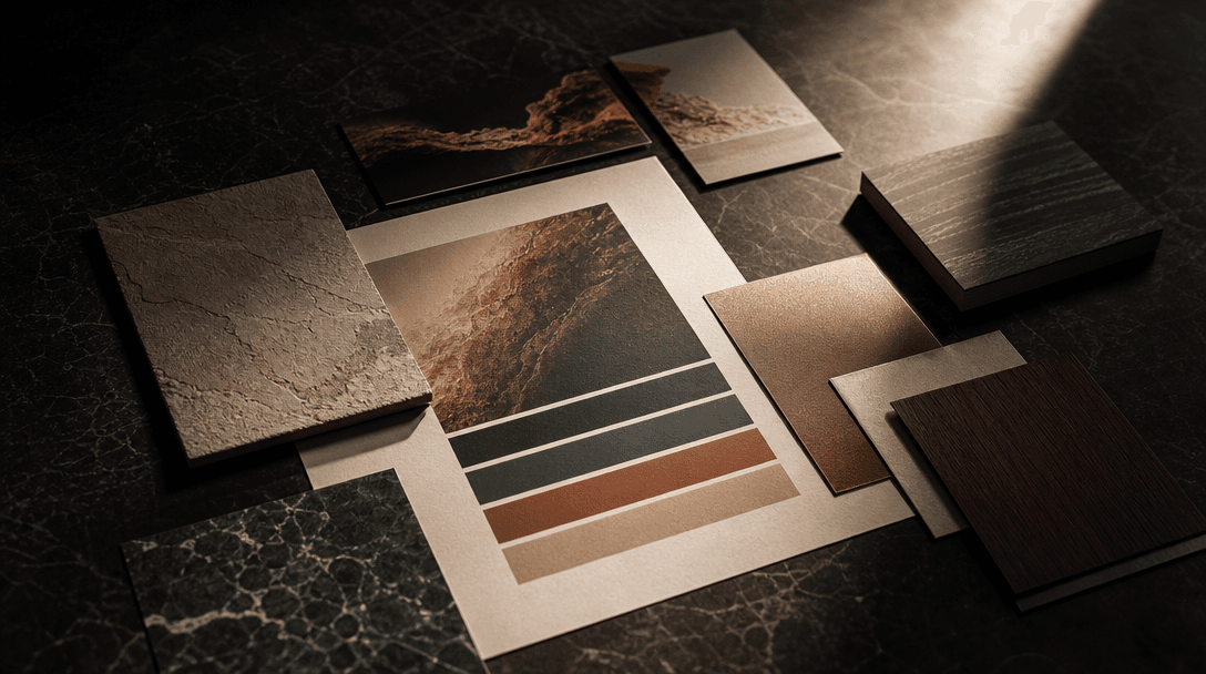 Elegantly composed brand identity materials — printed color bar sheets, material swatch cards, and clean reference tiles
