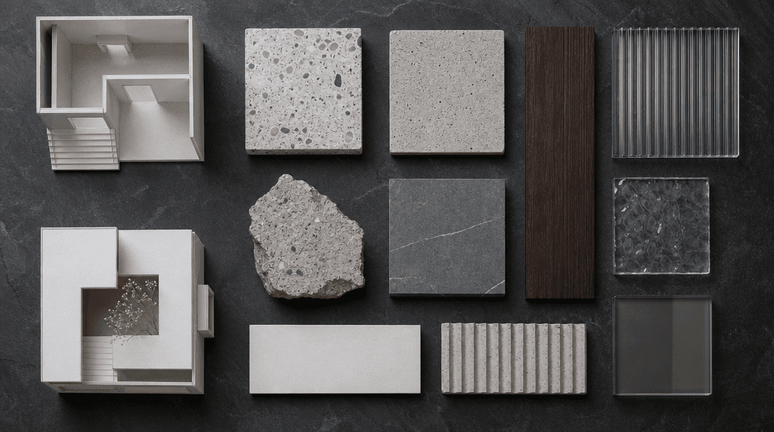 Overhead flat-lay of architectural materials and scale model fragments on a dark slate surface: small white cardboard bu