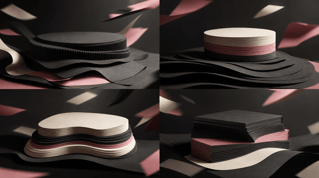 Four related product pedestals formed from differently arranged paper layers, each sharing the same charcoal, cream, and