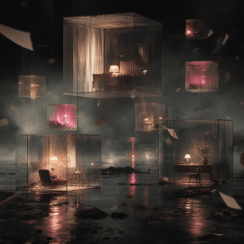 An abstract literary illustration of memory represented by translucent glass rooms floating over a dark reflective lands