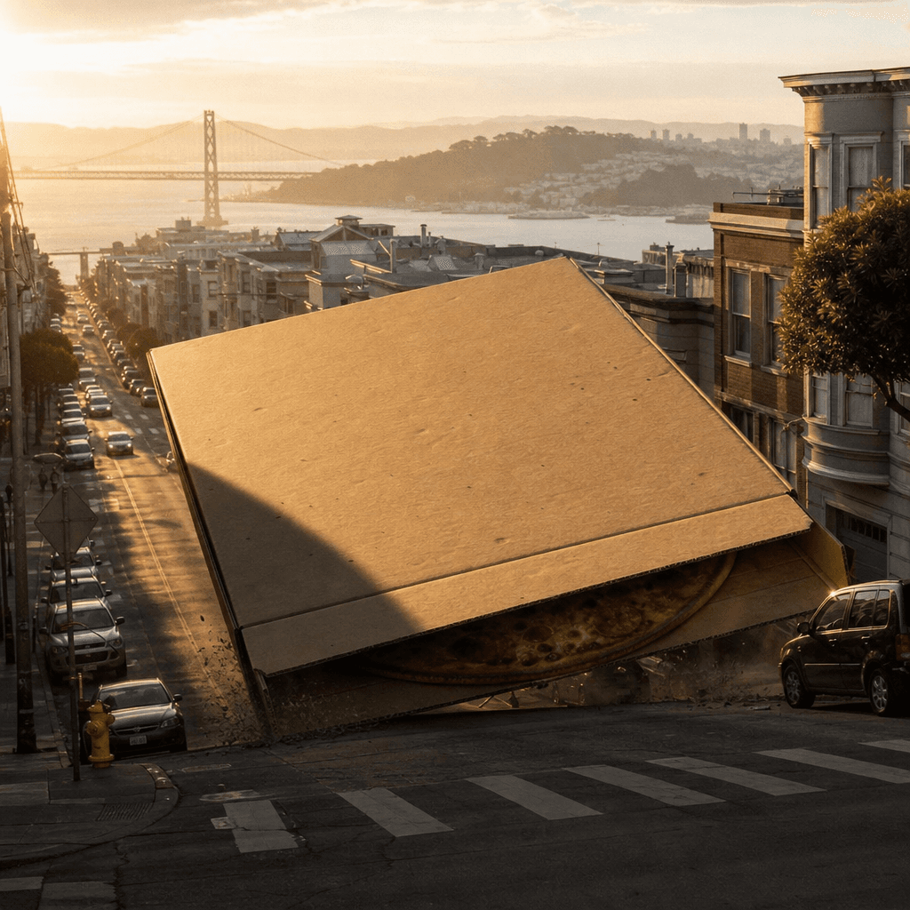 Enormous pizza box sliding down a steep San Francisco-style hill street at golden hour, casting a massive rolling shadow