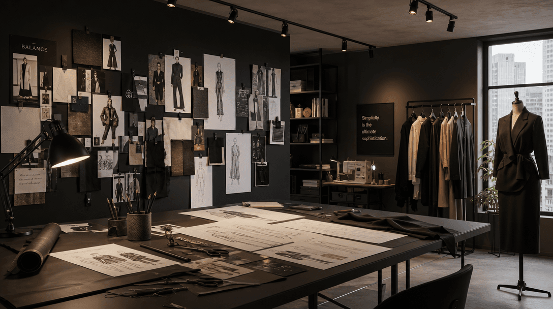 Modern fashion design studio interior: mood boards on walls, design sketches on drafting table, professional lighting, c