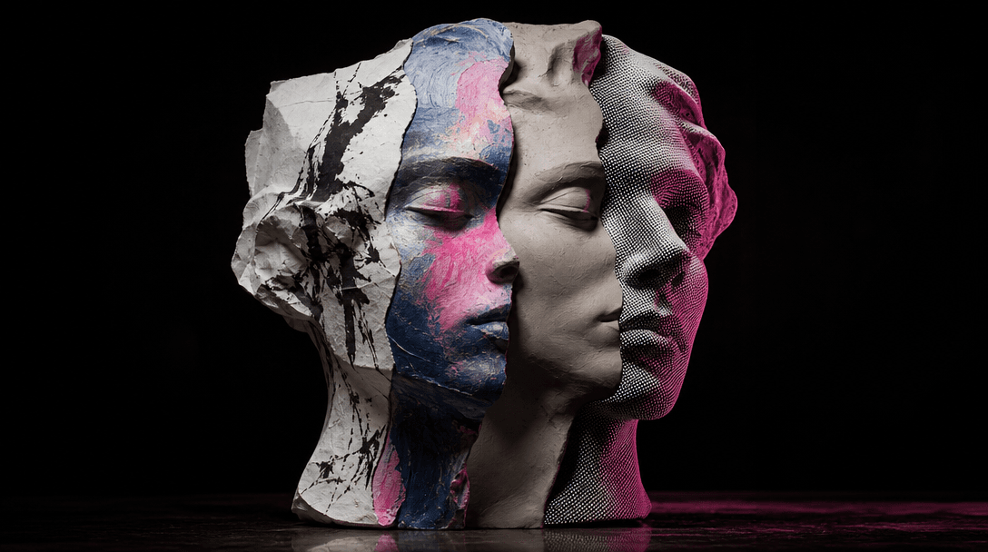 One sculptural portrait form splitting into four distinct artistic materials: inked paper, painted canvas, smooth clay, 