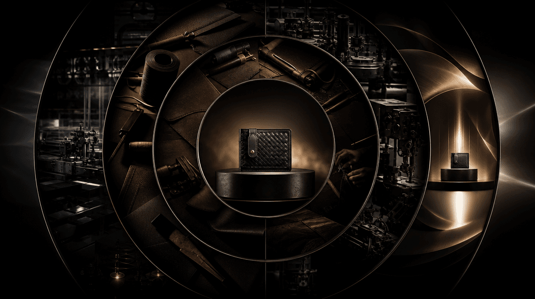 A finished accessory at the center of expanding concentric campaign scenes: workshop materials, factory machinery, produ