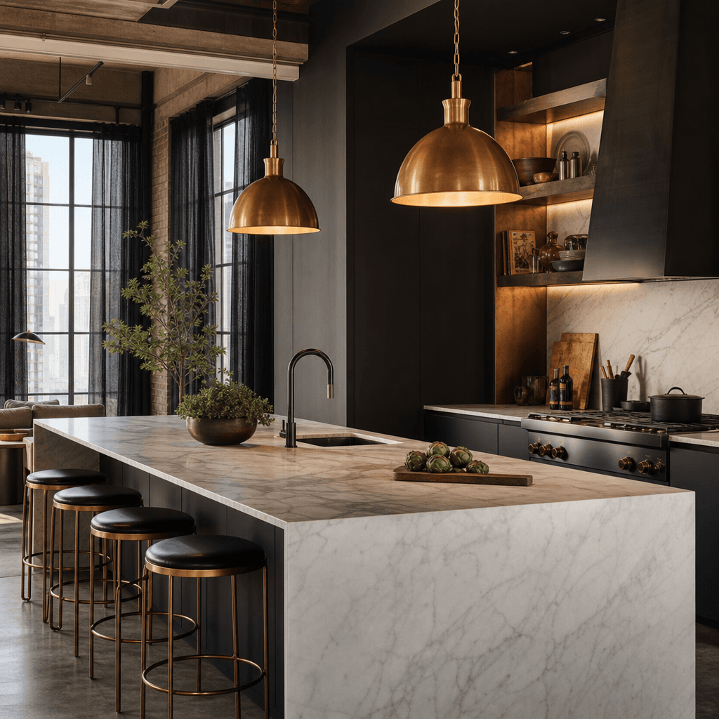 Contemporary open kitchen with floor-to-ceiling black linen curtains on large windows, sleek honed marble countertops, m
