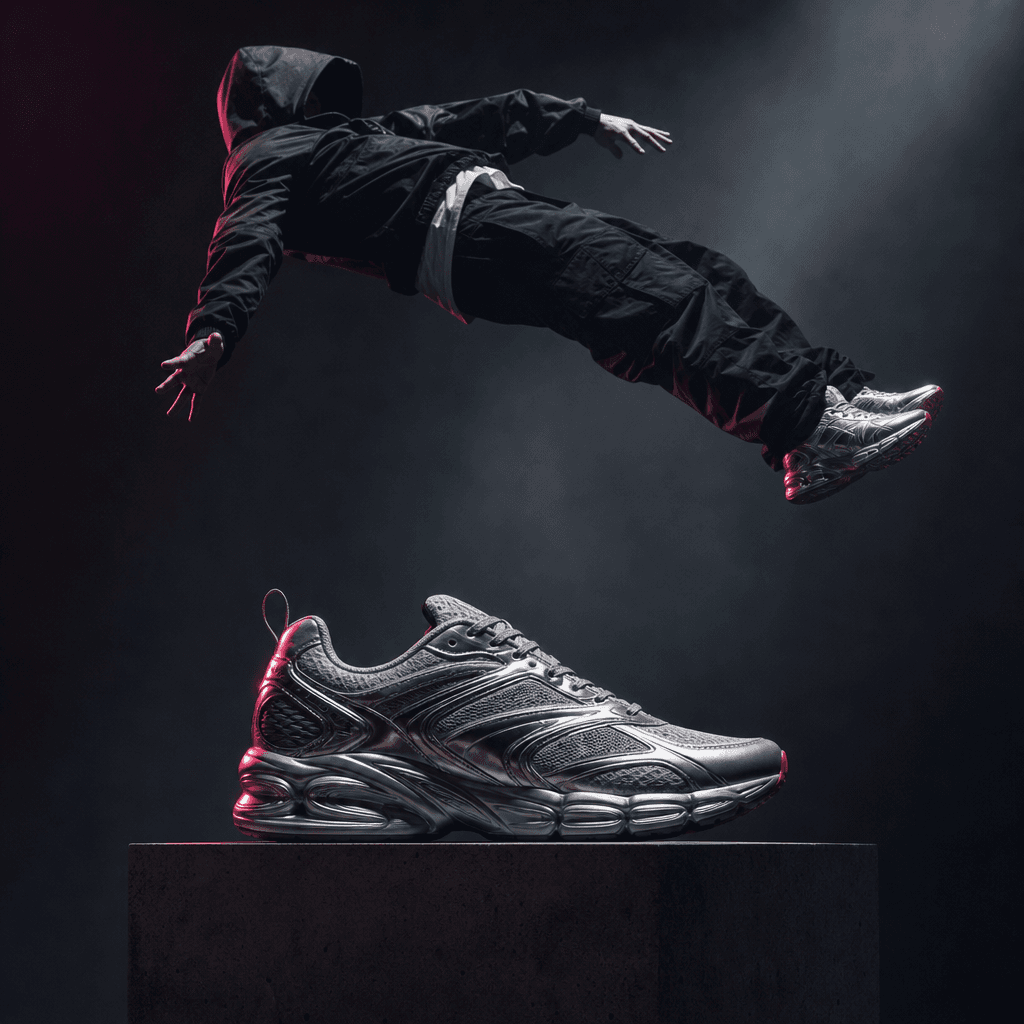 A sleek metallic sneaker on a low studio plinth while an anonymous streetwear figure floats horizontally above the set a