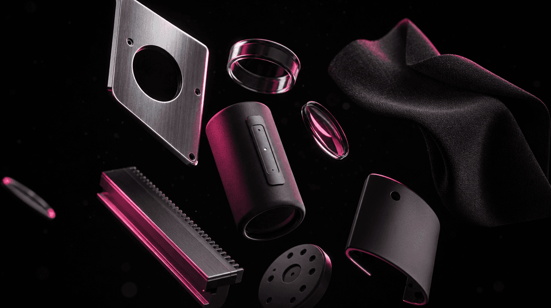 A carefully arranged collection of premium product materials floating in darkness: brushed aluminum, matte polymer, opti