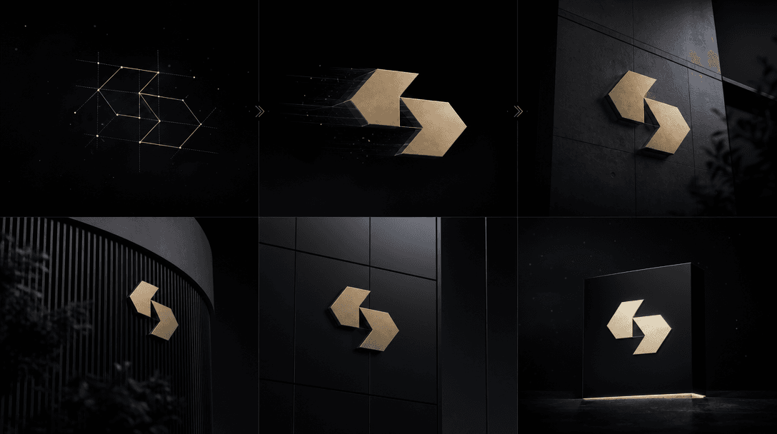 Abstract sequence of a geometric brand logo smoothly transforming and repositioning across stylized architectural surfac