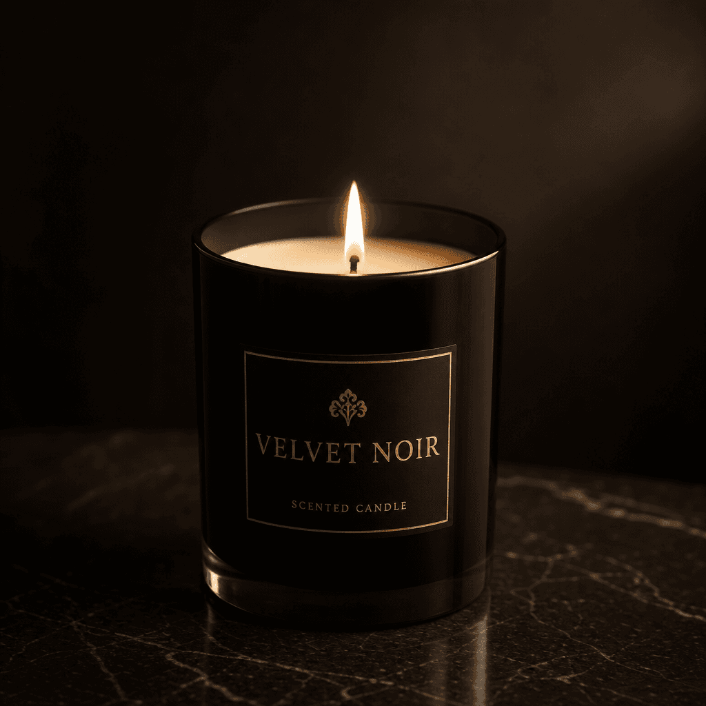 Single luxury candle with realistic flame, soft ambient lighting creating shadow and depth on wax surface, sophisticated