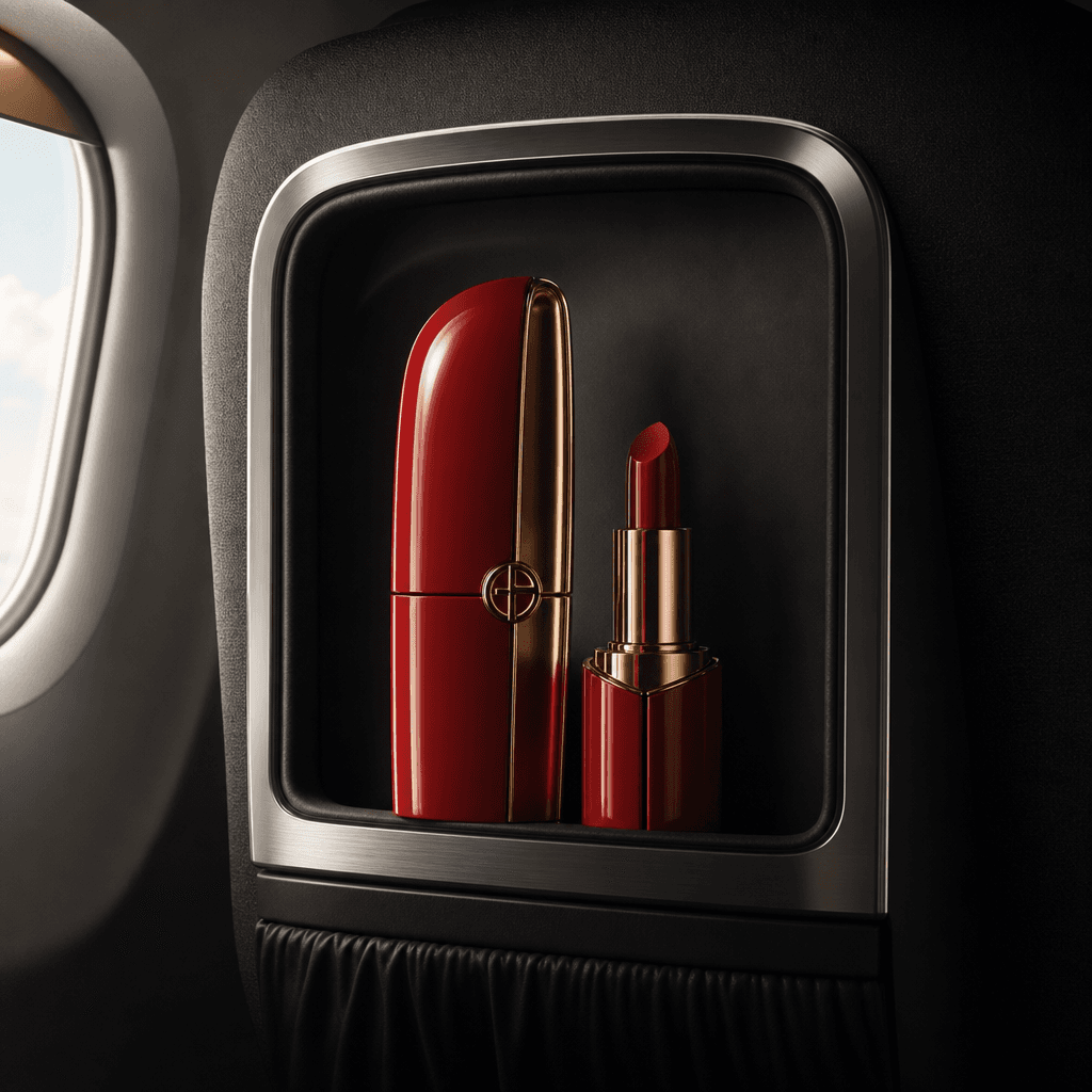 Luxury lipstick campaign integrated into an airplane cabin seatback, sculptural red cosmetic case against deep charcoal 