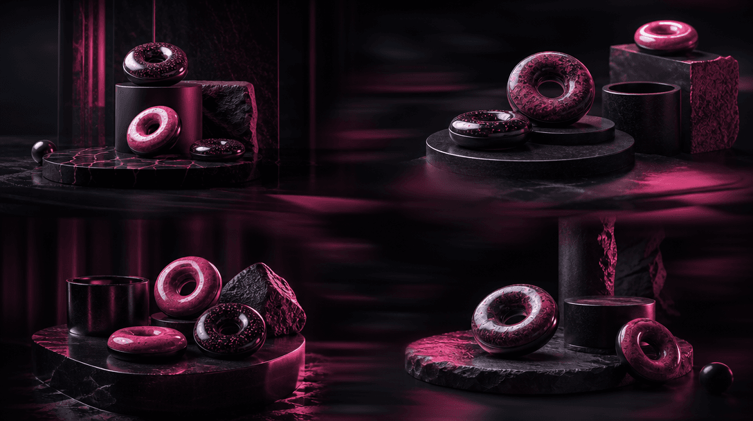 Four coordinated product-scene arrangements suggested through repeated geometric platforms, glaze textures, donut forms,