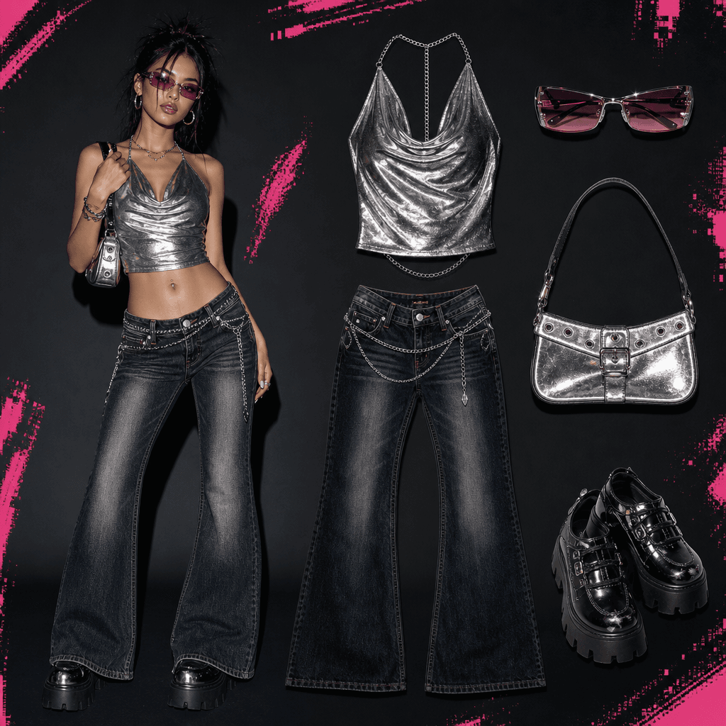 A square outfit breakdown for a vivid Y2K club look with a metallic silver top, low-rise dark jeans, compact shoulder ba
