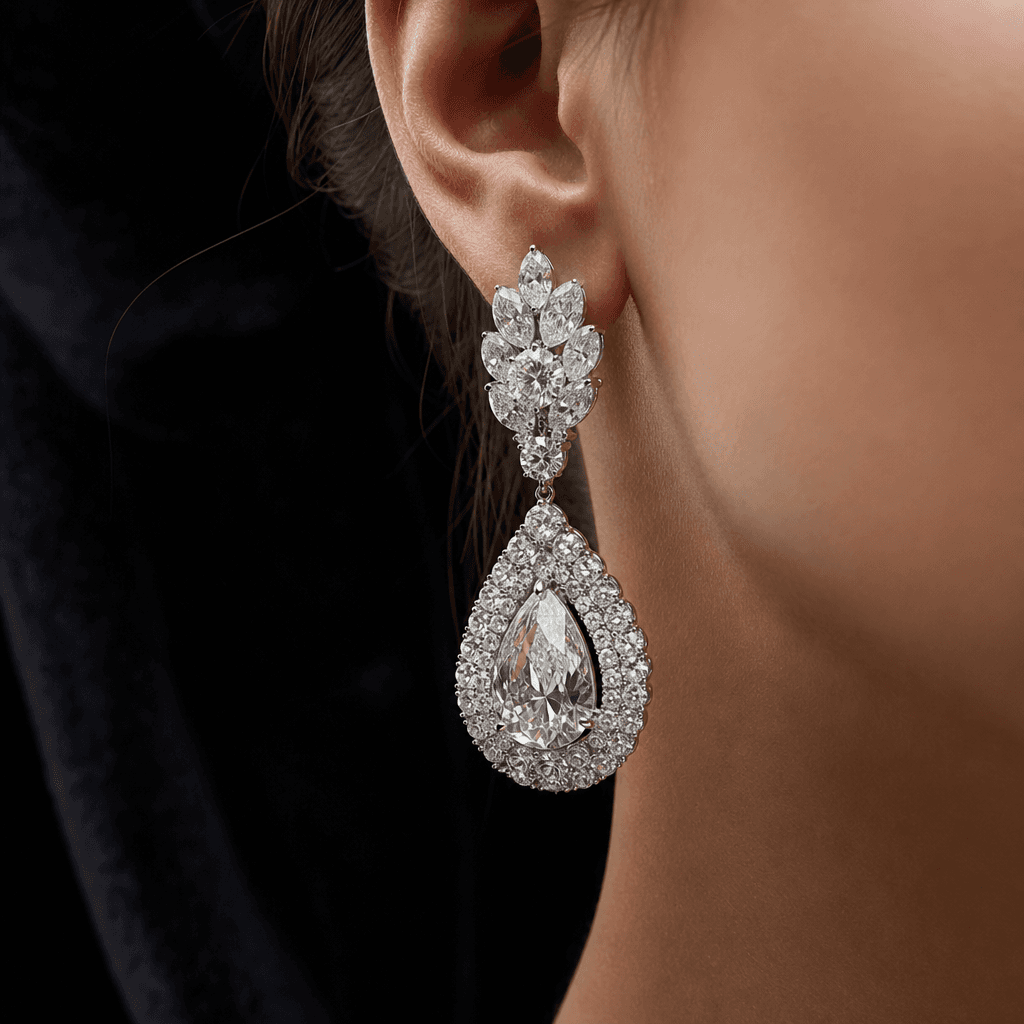 Photorealistic jewelry try-on: close-up macro editorial of statement drop earrings with pavé diamonds worn at the ear, s
