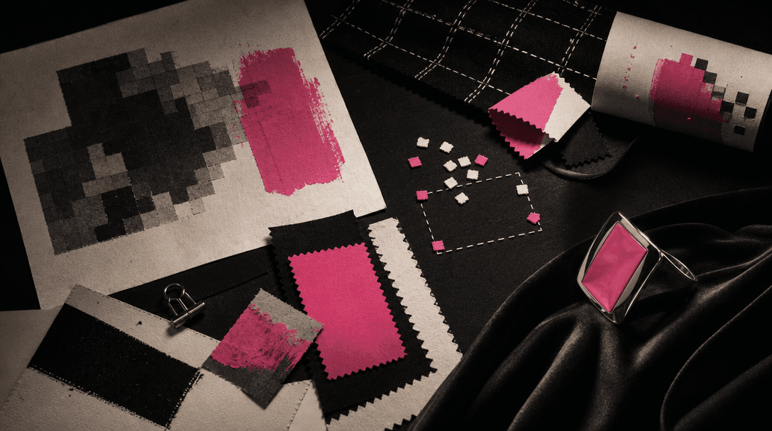 A cinematic still life of vintage computer-art materials translated into fashion: coarse pixel edges, paper grain, paint