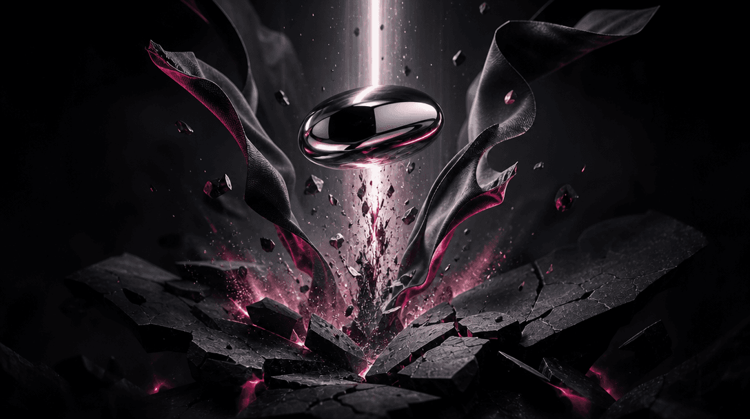 An abstract visualization of explosive lift: a polished chrome object hovering above fractured black stone, with fabric 
