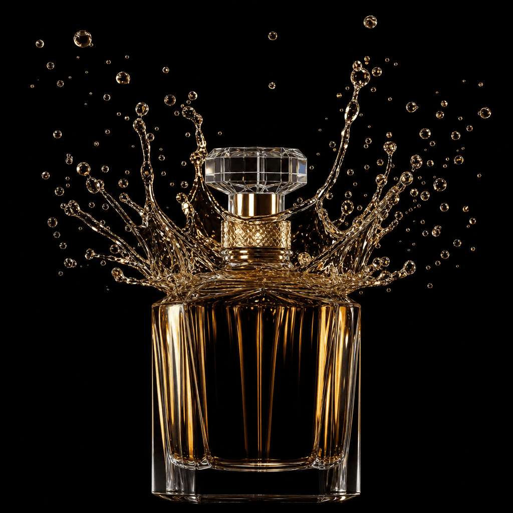 A glass perfume bottle with a crown-splash of liquid frozen mid-air against a pure black background. High-speed studio p