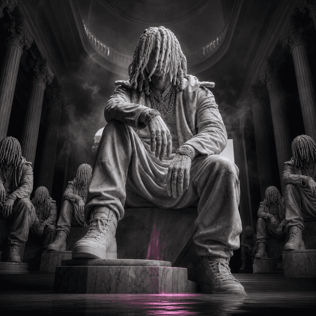 An anonymous musician reimagined as a monumental marble statue surrounded by smaller cloned sculptures, cavernous exhibi