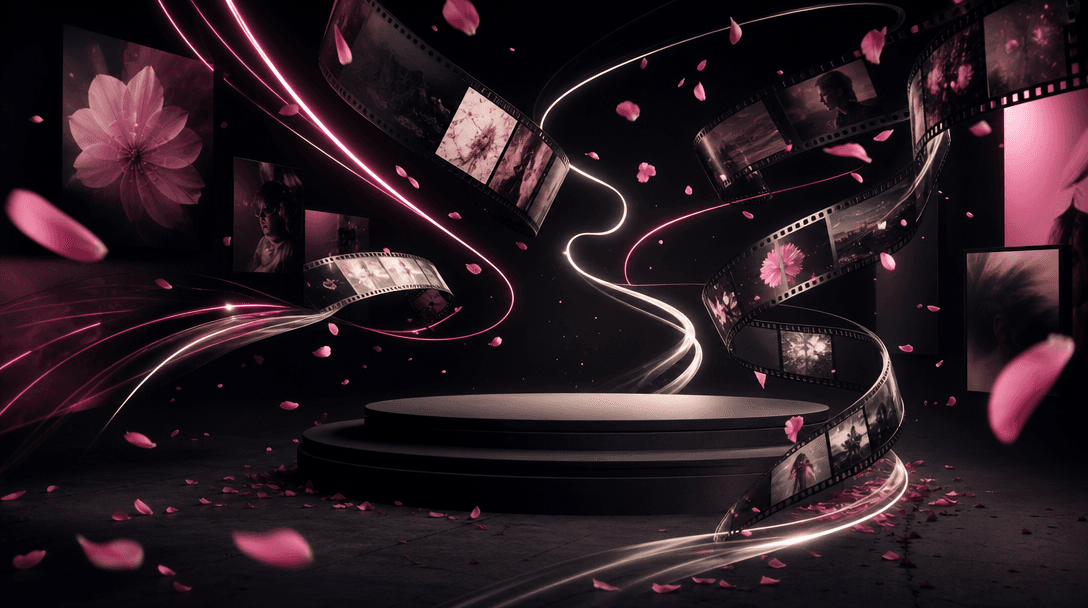 A cinematic visual ecosystem where floral petals, strips of photographic film, and flowing light trails converge around 