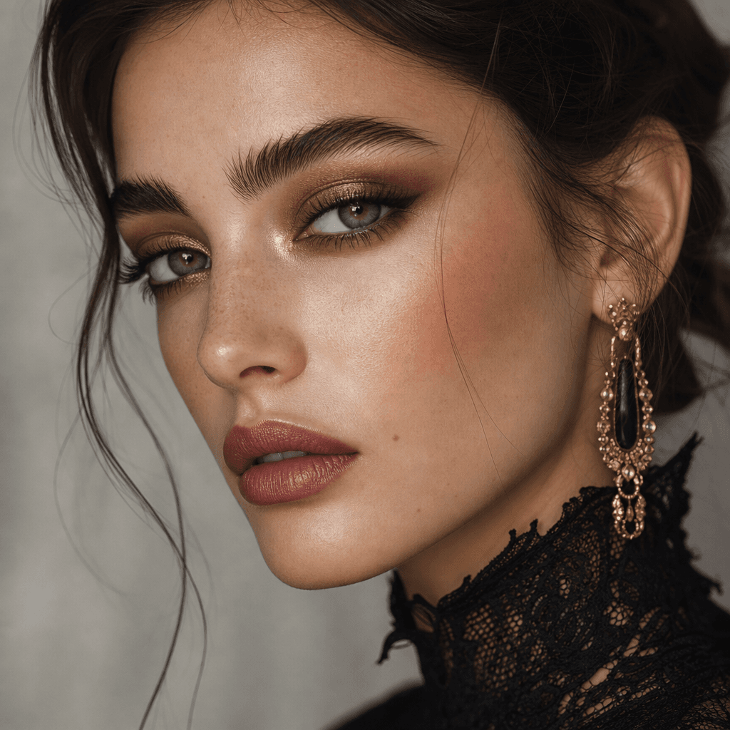 A close-up of a model's face in a high-fashion portrait, highlighting intricate makeup and elegant styling. The backgrou