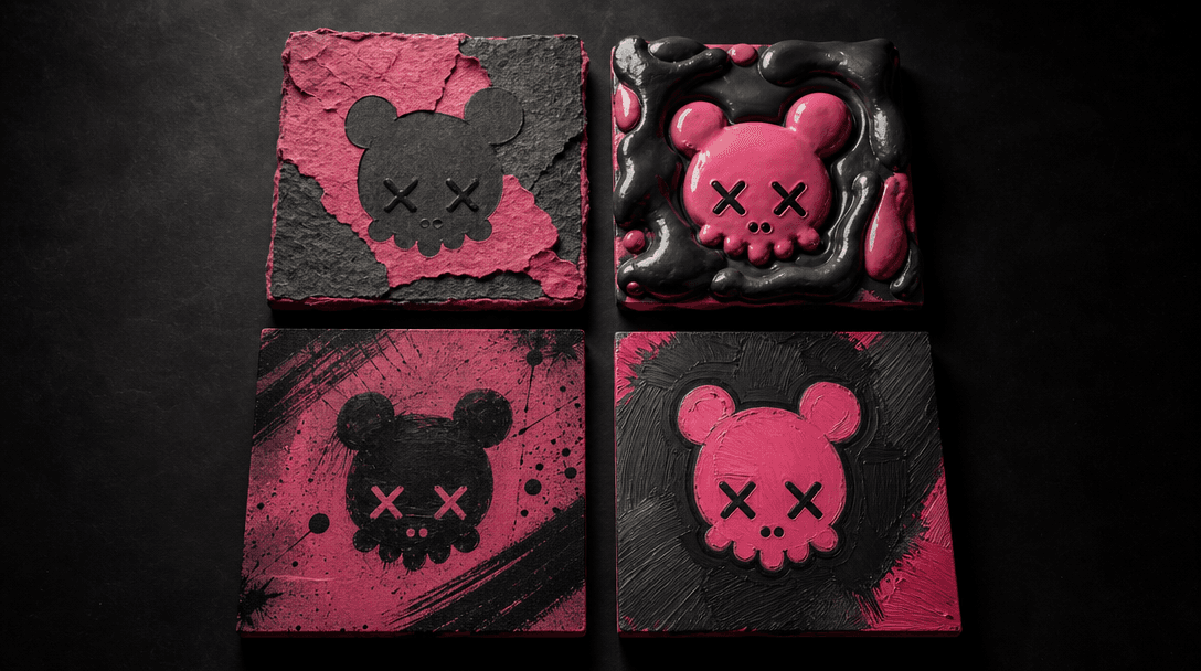 A precisely arranged collection of four square art objects made from different cartoon-inspired materials, unified by on