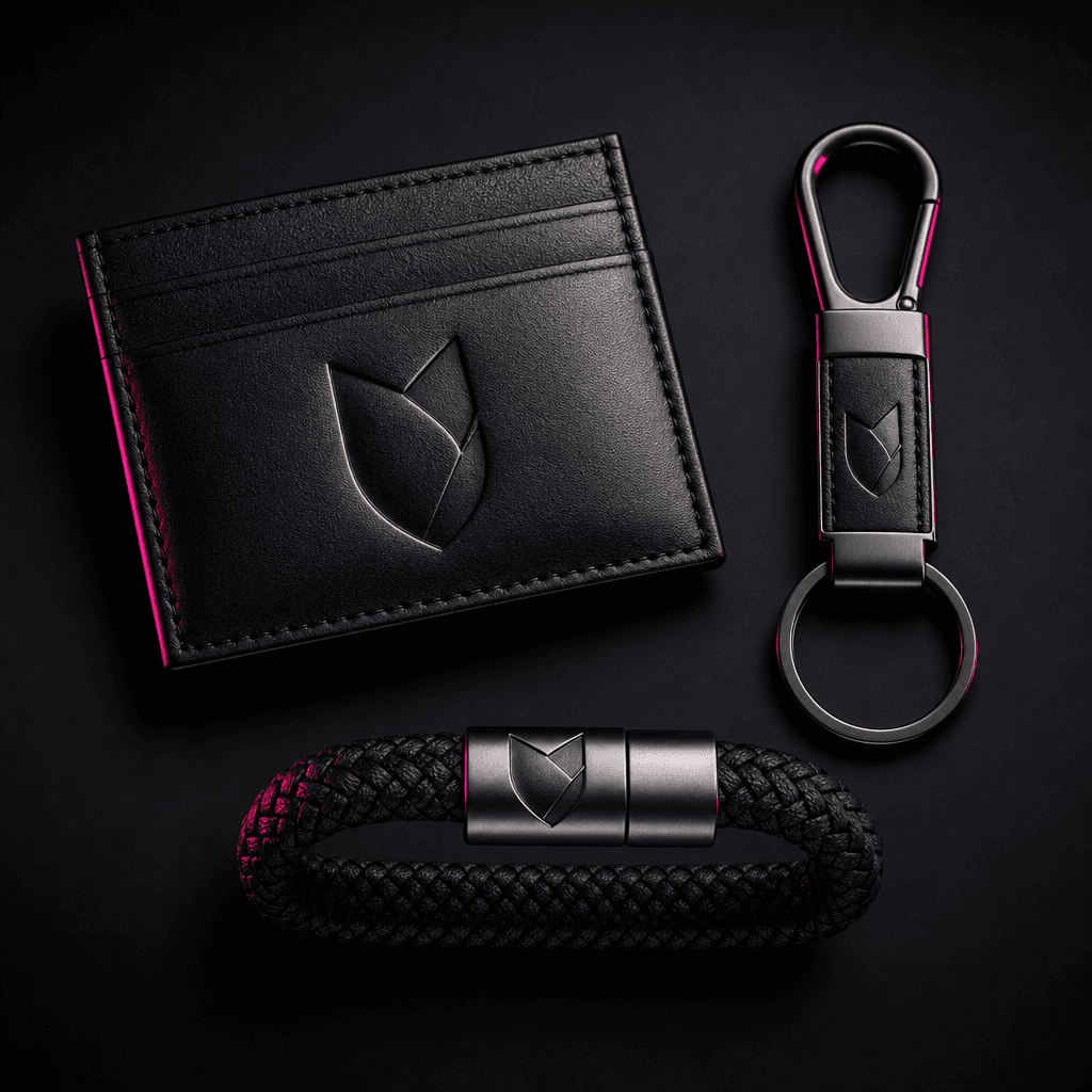 A coordinated trio of branded accessories displayed in a clean overhead arrangement, mixing leather, metal, and woven ma