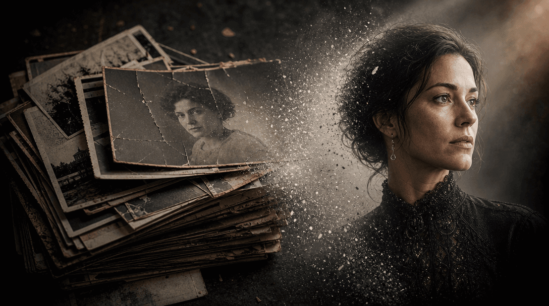 A stack of aged monochrome photographs transitioning into a richly detailed contemporary portrait through light and airb