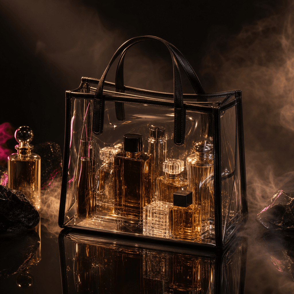 A clear tote containing amber fragrance bottles and translucent perfume vessels, surrounded by faint atmospheric mist on