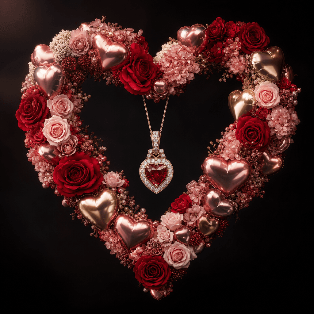 Jewelry piece surrounded by elegant heart-shaped floral balloon, professional studio lighting, luxury photography, dark 