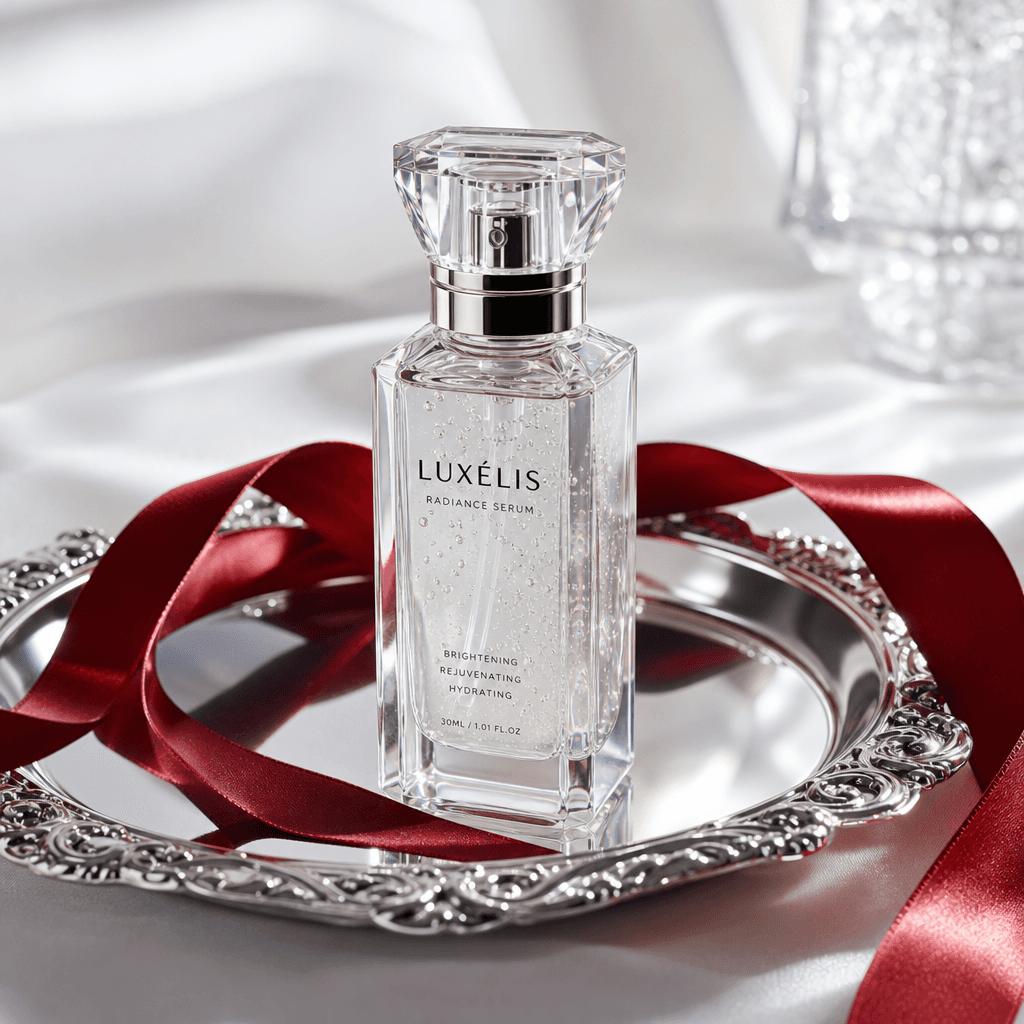 Beauty serum or liquid product in crystal bottle on silver platter with red ribbon, translucent liquid catching studio l