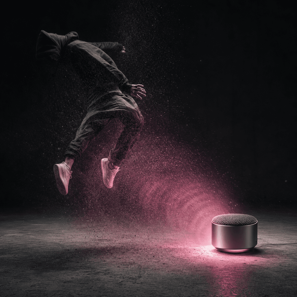 A compact silver speaker emitting a powerful invisible pulse that lifts an anonymous dancer above a minimalist concrete 