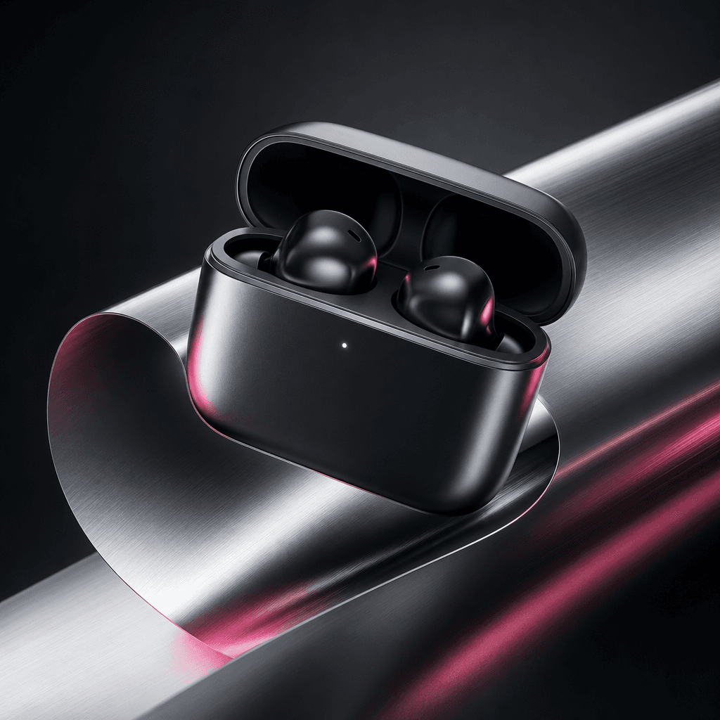 A sleek wireless earbud case emerging from a rolling sheet of brushed aluminum, energetic diagonal composition, deep cha