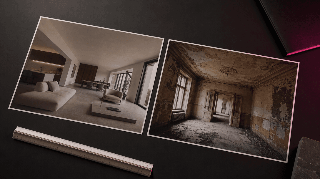 Dark editorial flatlay of professional presentation materials — two large-format printed interior photographs arranged s
