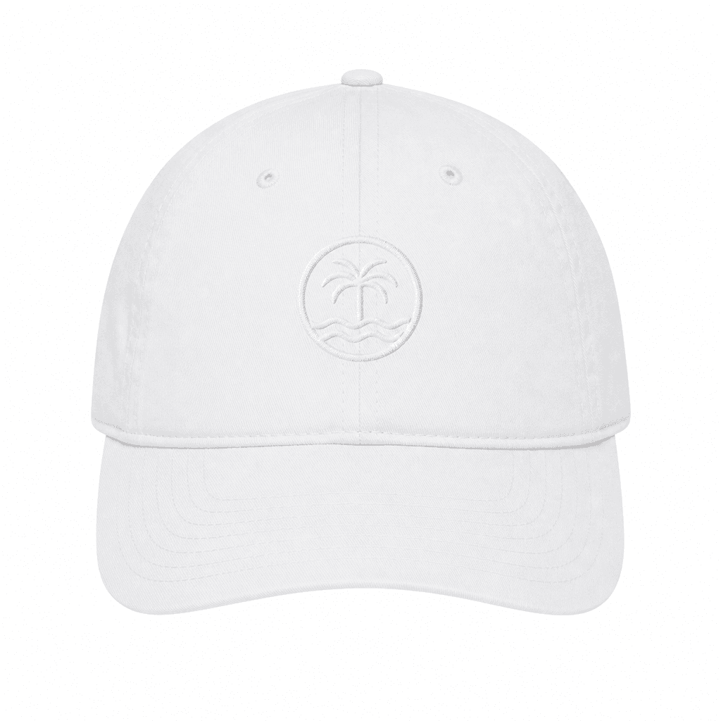 White structured dad hat with tonal embroidered logo, centered on a seamless white ecommerce sweep background, perfectly