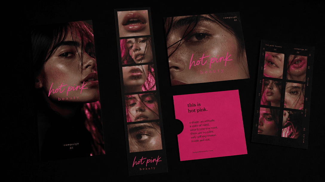 One central photobooth strip branching into several physical campaign formats on a black studio surface: a vertical prin