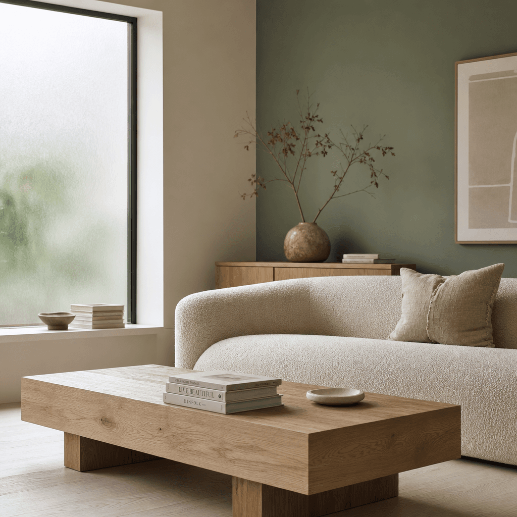 Minimalist Scandinavian living room staging: cream boucle sofa, low solid oak coffee table with a small stack of art boo