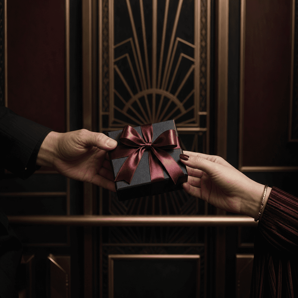 A small premium gift box with a satin ribbon being shared inside an art deco elevator, cinematic dark editorial photogra