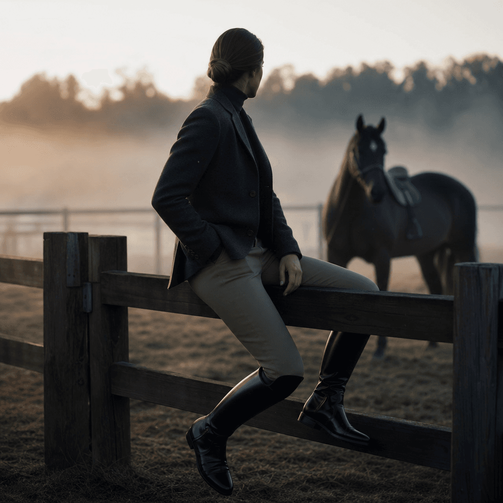 Anonymous adult rider seated confidently on a wooden ranch fence before a misty paddock, polished riding boots and under
