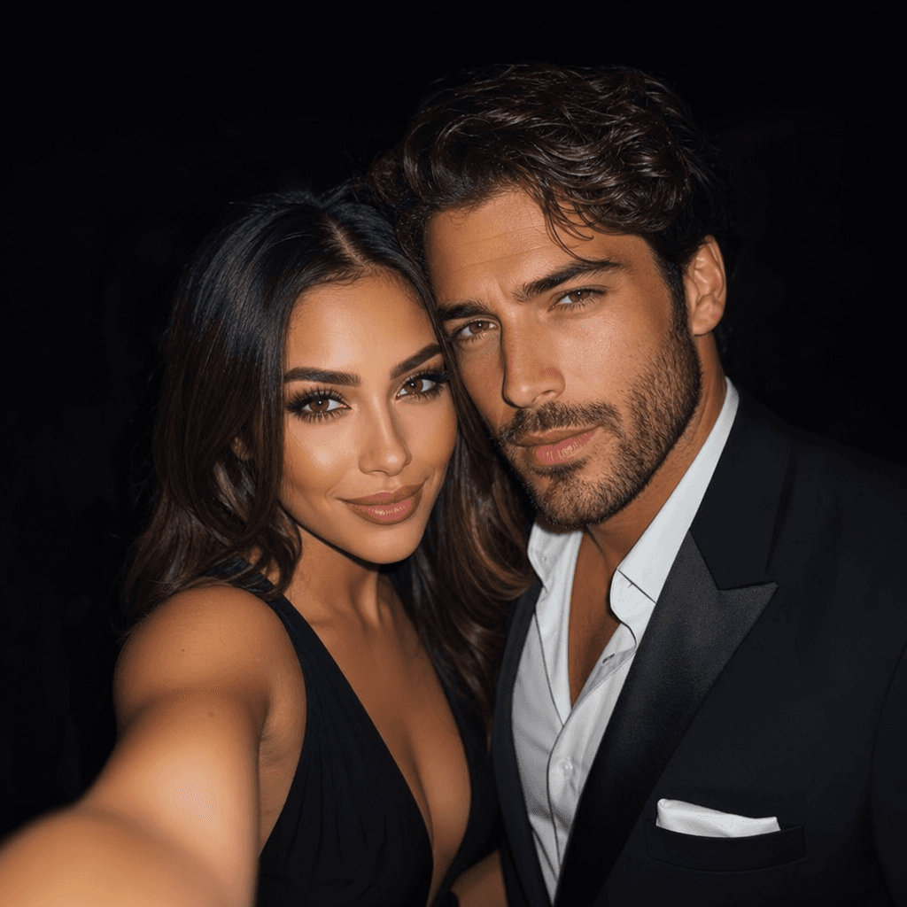 Hollywood glamour selfie aesthetic, dramatic professional lighting setup, two faces in perfect sharp focus, luxury makeu