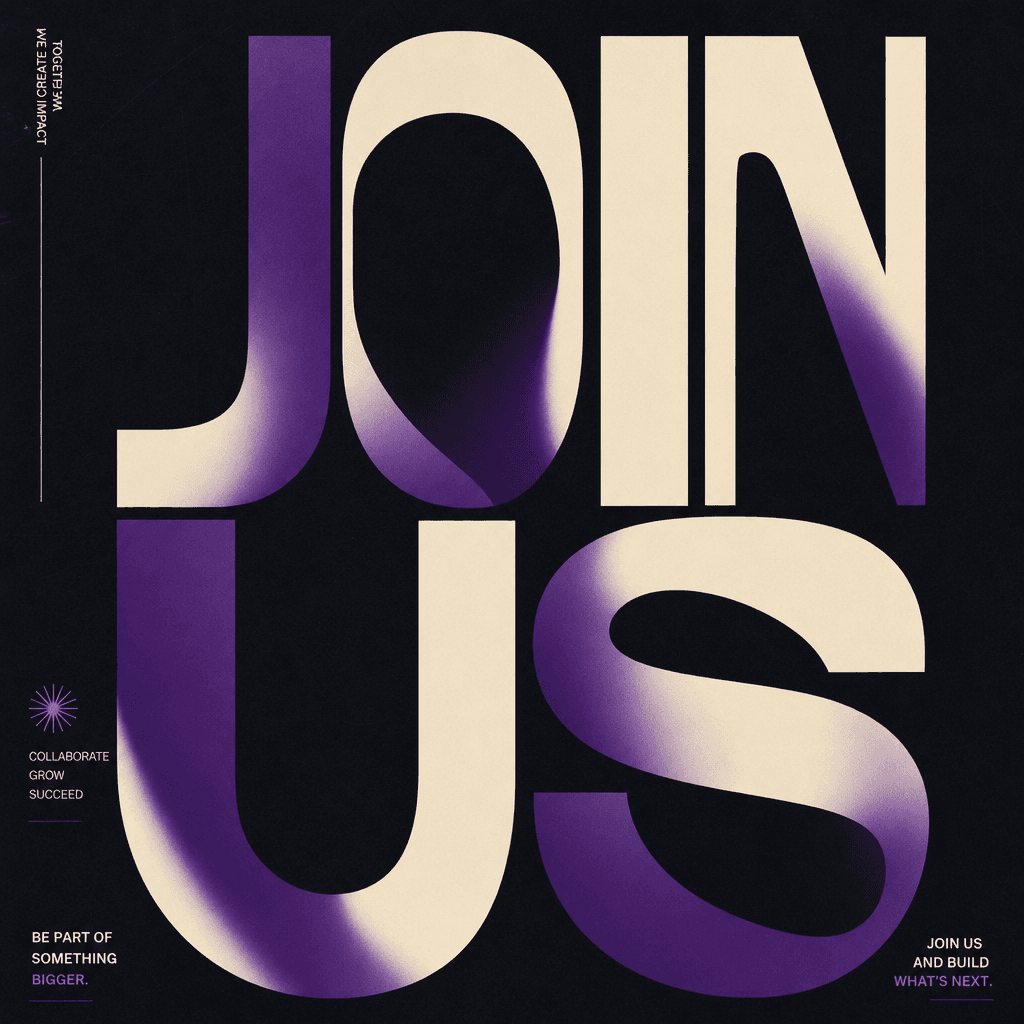 Typography poster featuring 'JOIN US' in fluid modern sans-serif, deep purple and cream colors, dark background with sub