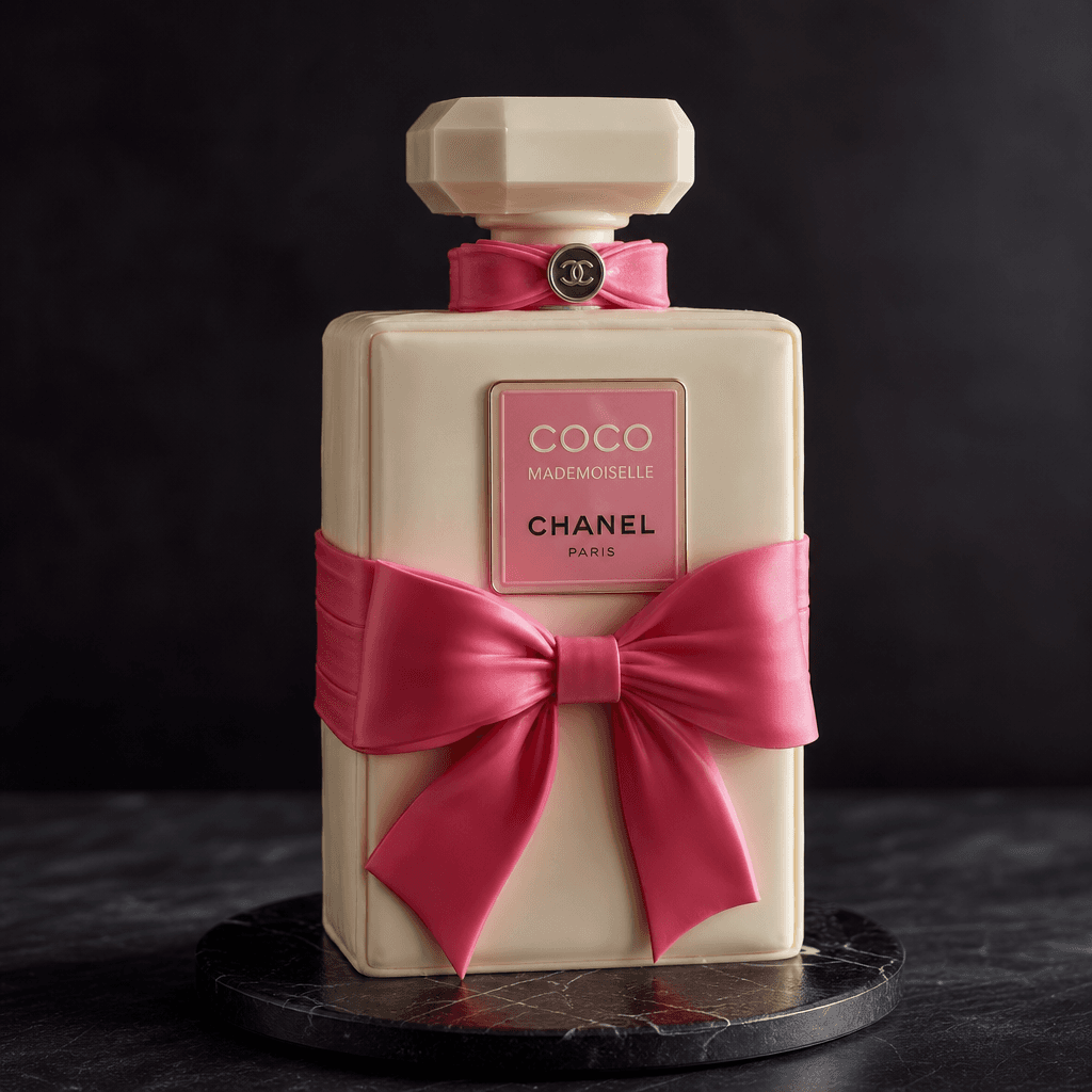 A premium glass perfume bottle reimagined as a tall elegant single-tier cake resting on a dark matte surface. Hot pink r