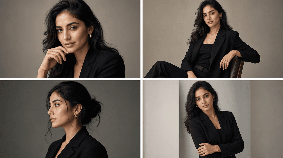 Four distinct professional poses arranged in grid layout, diverse angles, consistent professional lighting, editorial ma