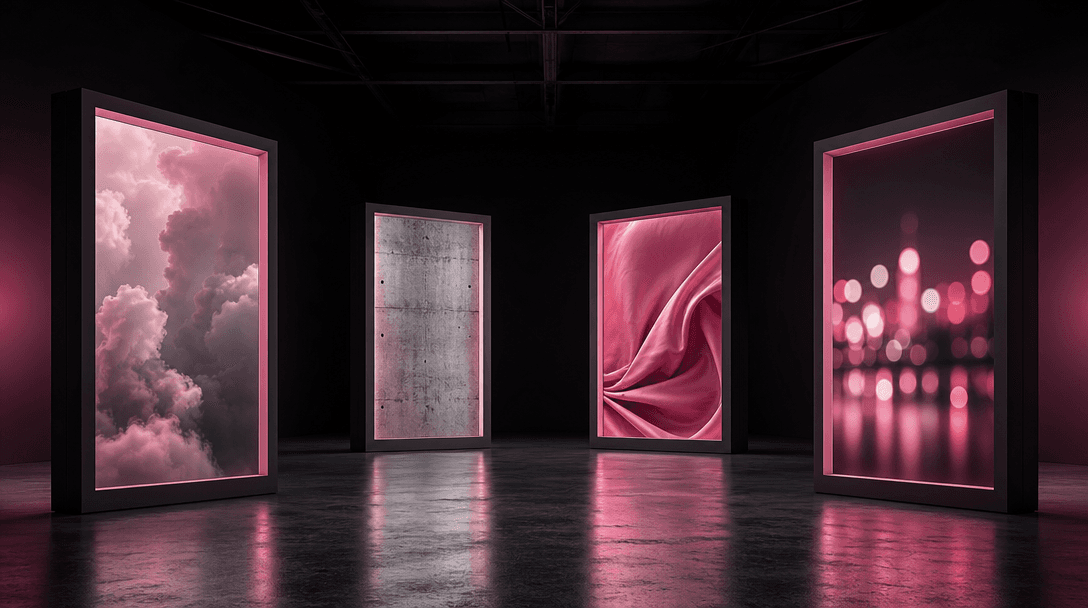 Four empty illuminated display frames arranged within a cavernous black studio, each framing a different atmospheric mat