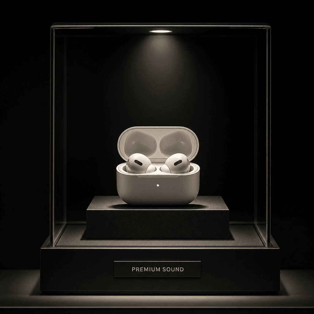 Premium wireless earbuds in a minimalist display case with soft studio lighting. Dark background emphasizes the product.