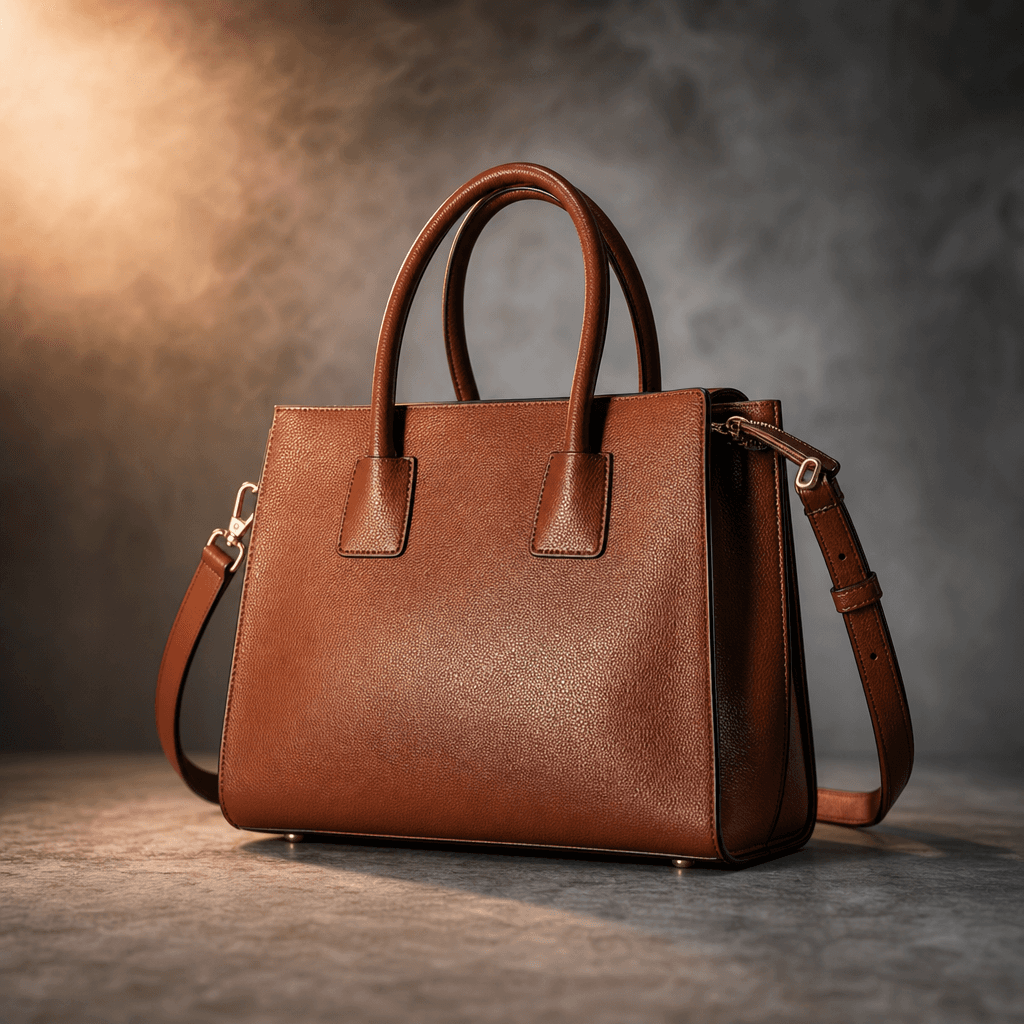 Fashion accessories product shot: structured leather handbag on a fog-lit grey studio floor, warm directional rim lighti