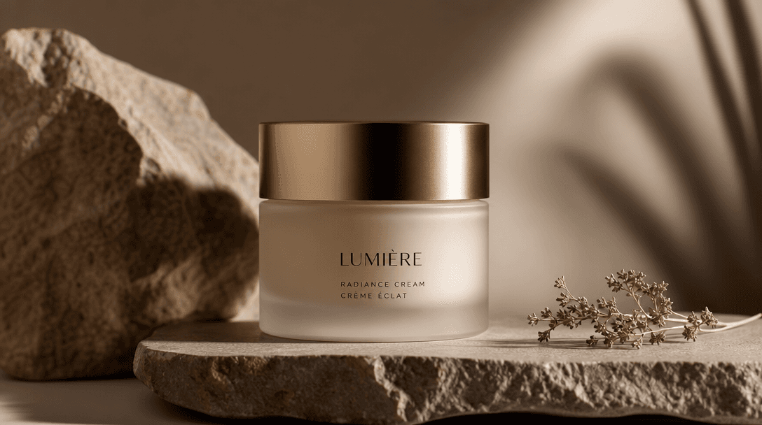 Professional lighting setup illuminating a beauty product. Soft directional light creating rich shadows and highlights o