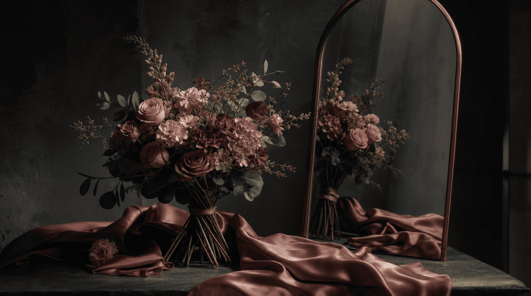 A refined still life balancing a natural hand-tied bouquet, softly folded silk, and a tall mirror on a dark studio set, 